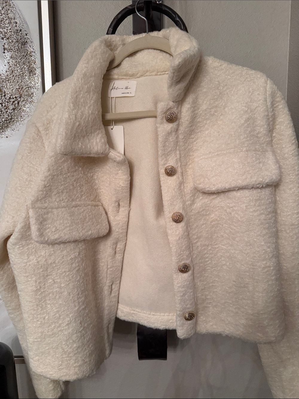 Active USA Cream Faux-Sherpa Button-Front Bomber Jacket ptp 21